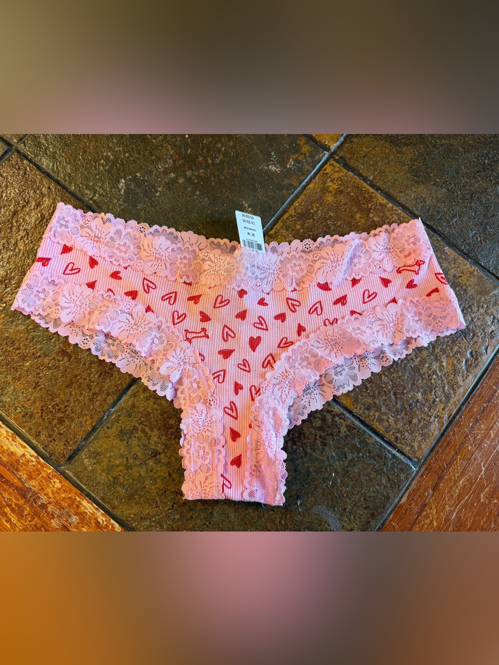 PINK Victoria's Secret Pink Lace Hipster Panty with Red Heart Print